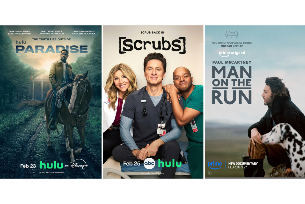This combination of images show promotional art for the series "Paradise," from left, the comedy series "Scrubs," and the documentary "Paul McCartney: Man on the Run." (Hulu/Hulu/Prime via AP)