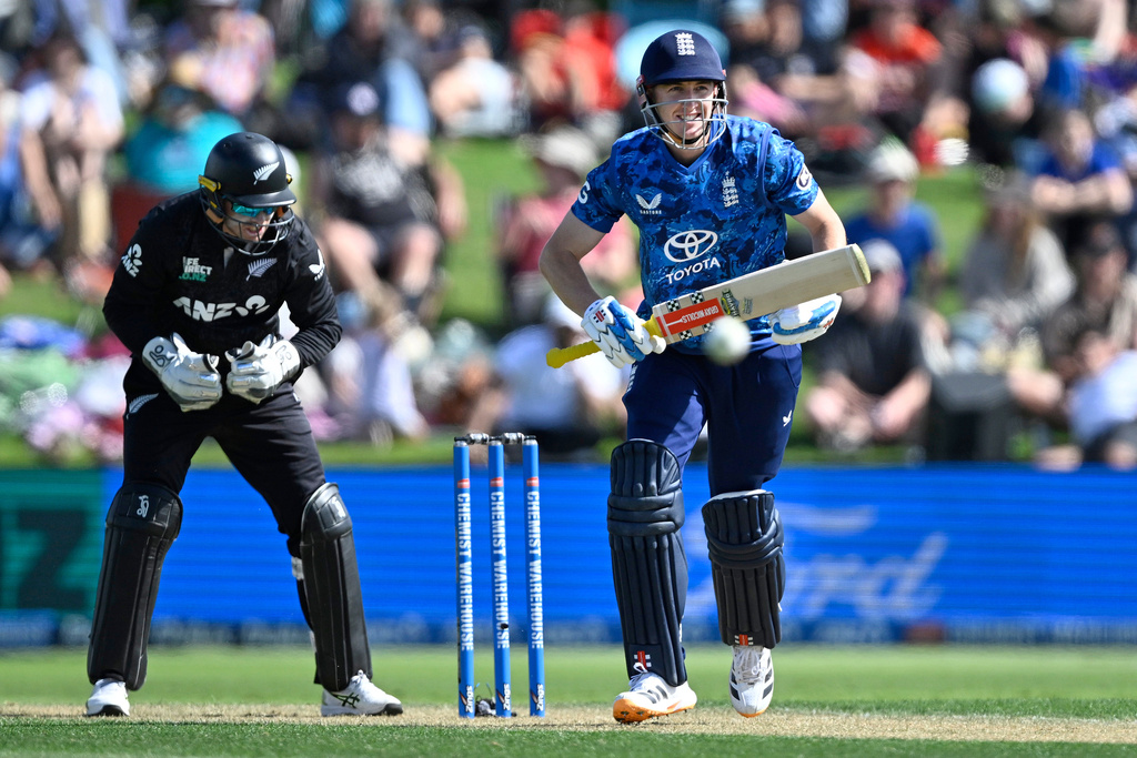 England's Harry Brook bats during the One Day international cricket match between New Zealand and England in Mt Maunganui, New Zealand, Sunday, Oct.26, 2025. (Andrew Cornaga/Photosport via AP)