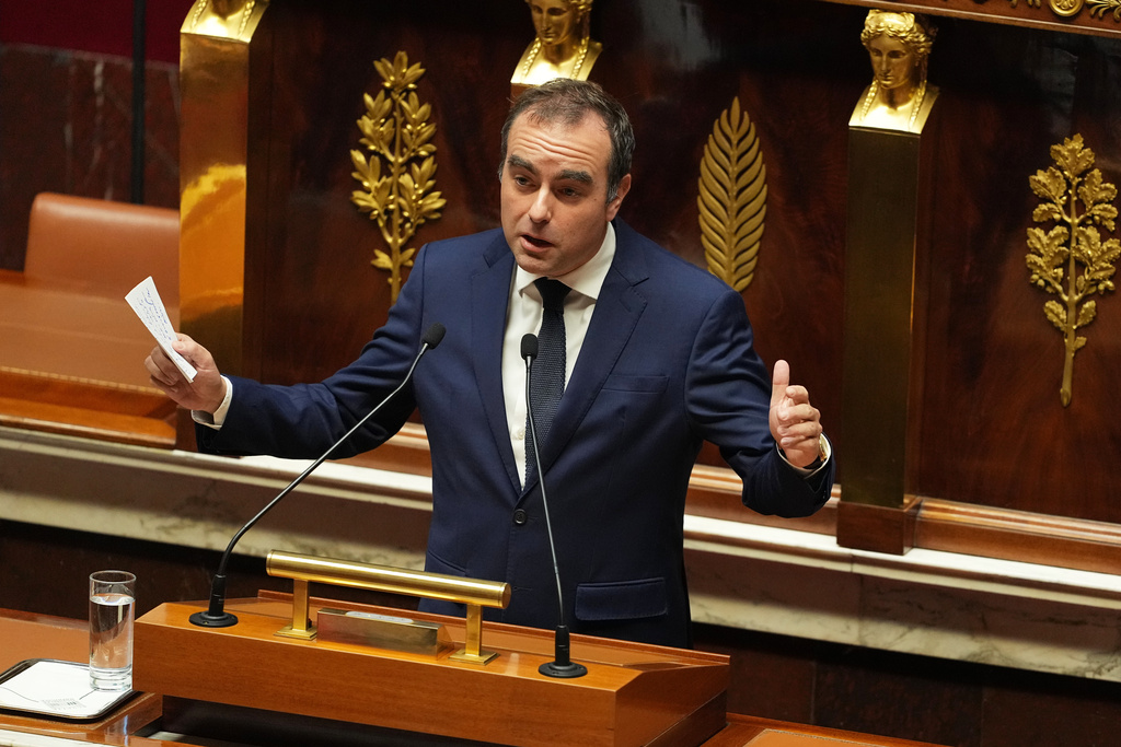 French Prime Minister Sebastien Lecornu delivers his speech before a no-confidence vote, Thursday, Oct. 16, 2025 at the National Assembly in Paris. (AP Photo/Thibault Camus)