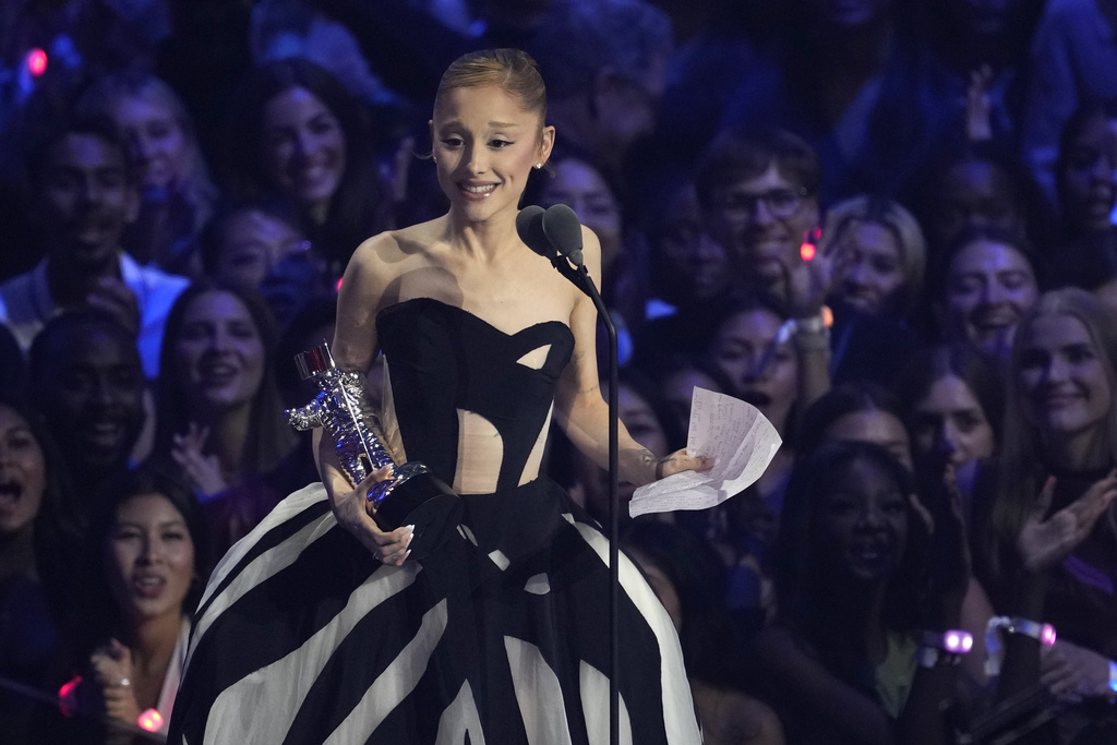 Ariana Grande accepts the award for best pop for "Brighter Days Ahead" during the MTV Video Music Awards on Sunday, Sept. 7, 2025, at UBS Arena in Elmont, N.Y. (Photo by Charles Sykes/Invision/AP)