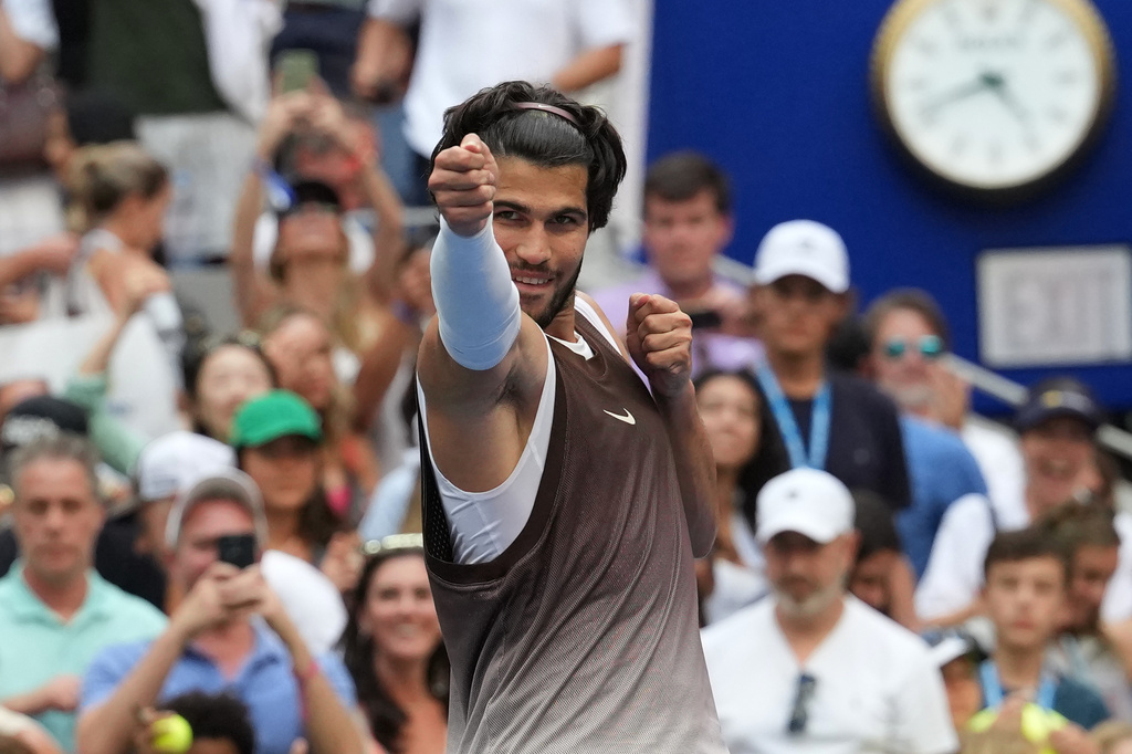 Carlos Alcaraz, of Spain, gestures after he won his match against Wu Yibing, of China, during the third round of the U.S. Open tennis championships Friday, Sept. 4, 2026, in New York. (AP Photo/Kirsty Wigglesworth)