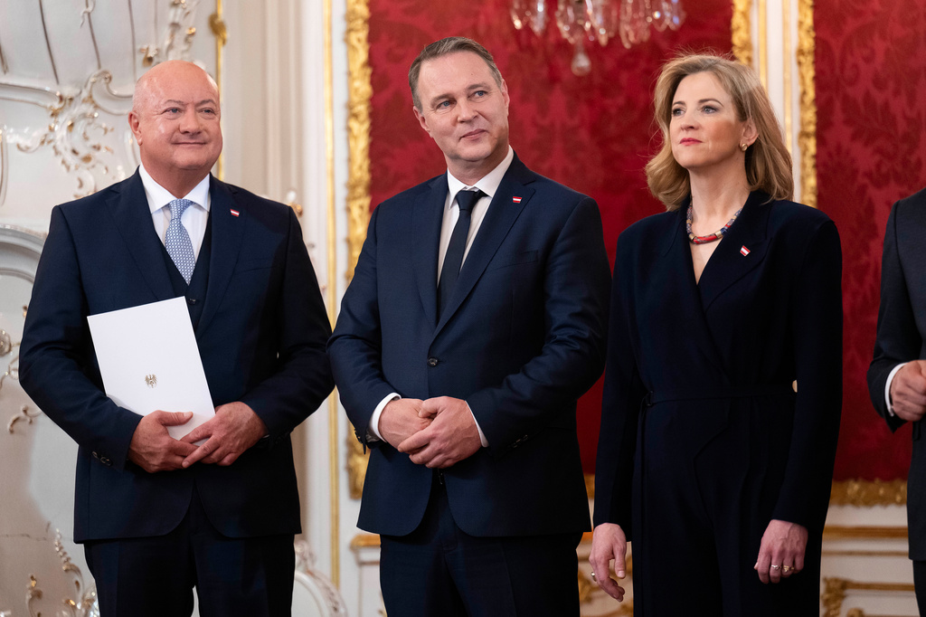 FILE - Chancellor Christian Stocker, left, Vice Chancellor Andreas Babler, centre, and Foreign minister Beate Meinl-Reisinger attend the swearing-in ceremony of the Federal Government in the presidential office at the Hofburg Palace, in Vienna, Austria, Monday, March 3, 2025. (AP Photo/Denes Erdos, File)