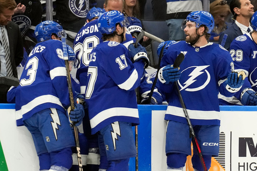 Tampa Bay Lightning left wing Brandon Hagel, right, reacts as referees review his goal during the second period of an NHL hockey game against the Dallas Stars Thursday, Oct. 30, 2025, in Tampa, Fla. (AP Photo/Chris O'Meara) Tampa Bay Lightning left wing Brandon Hagel, right, reacts as referees review his goal during the second period of an NHL hockey game against the Dallas Stars Thursday, Oct. 30, 2025, in Tampa, Fla. (AP Photo/Chris O'Meara)