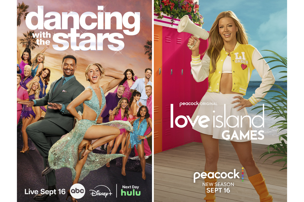 This combination of images shows promotional art for "Dancing with the Stars," left, and "Love Island Games." (ABC/Peacock via AP)