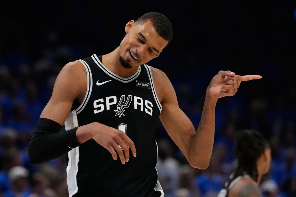 San Antonio Spurs forward Victor Wembanyama celebrates during the second half of Game 1 in a third-round NBA basketball playoffs series against the Oklahoma City Thunder Monday, May 18, 2026, in Oklahoma City. (AP Photo/Tony Gutierrez)