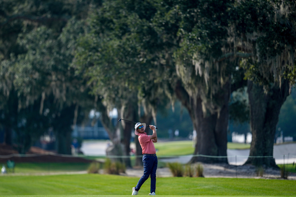 Joel Dahmen hits from the first fairway during the second round of the RSM Classic golf tournament, Friday, Nov. 21, 2025, in St. Simons Island, Ga. (AP Photo/Mike Stewart)