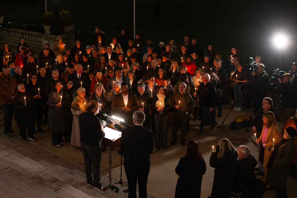 Speaker of the B.C. Legislative Assembly Raj Chouhan speaks at a candle light vigil at the front steps of the legislature in Victoria, B.C., on Wednesday, Feb. 11, 2026 in honour of the victims of the school shooting in Tumbler Ridge, B.C. (Chad Hipolito/The Canadian Press via AP)