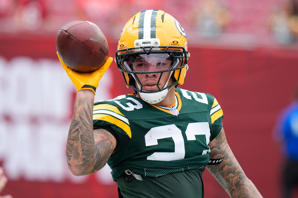 Green Bay Packers wide receiver Skyy Moore (23) warms up before an NFL football game against the Tampa Bay Buccaneers in Tampa, Fla., Sunday, Oct. 4, 2026. (AP Photo/Chris O'Meara)