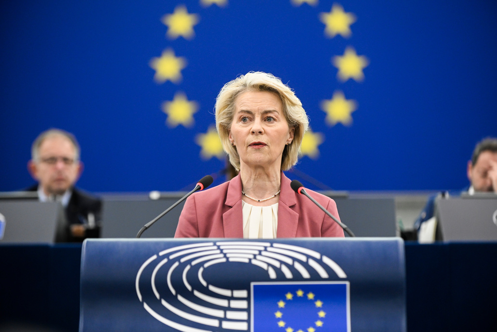 European Commission President Ursula von der Leyen speaks during a joint debate on the European Council and the situation in the Middle East, at the European Parliament in Strasbourg, eastern France, Wednesday, March 11, 2026. (AP Photo/Pascal Bastien)