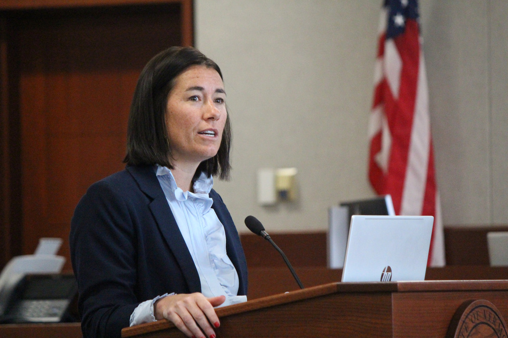 Chittenden County State's Attorney Sarah George gives closing arguments in court during Jason Eaton's trial in Burlington, Vt., Monday, Sept. 21, 2026. (Paul Heintz/The Boston Globe via AP, Pool)
