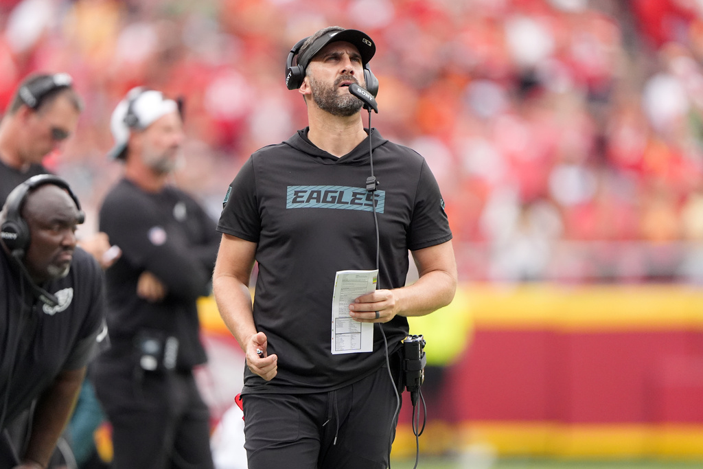 Philadelphia Eagles head coach Nick Sirianni watches from the sidelines during the second half of an NFL football game against the Kansas City Chiefs Sunday, Sept. 14, 2025, in Kansas City, Mo. (AP Photo/Charlie Riedel)