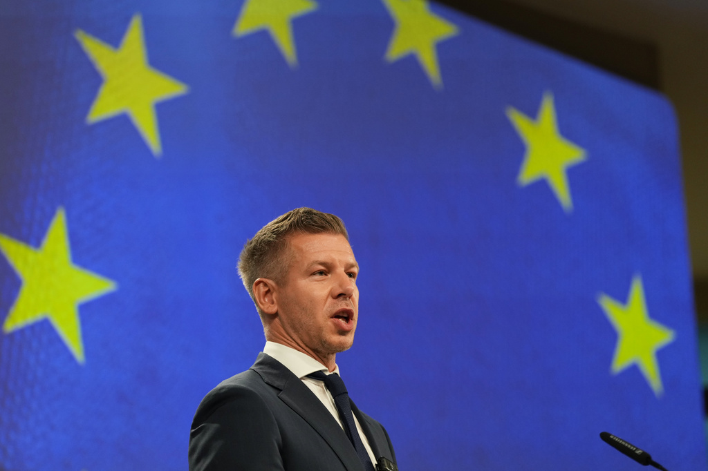 Hungary's Prime Minister Peter Magyar addresses the media at EU headquarters in Brussels, Friday, May 29, 2026. (AP Photo/Virginia Mayo)