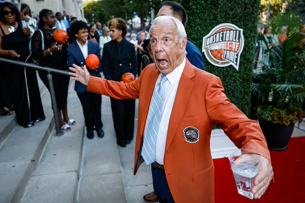 Retired North Carolina Tarheels basketball head coach Roy Williams enters the 2026 Naismith Basketball Hall of Fame induction ceremony Saturday, Aug. 15, 2026, in Springfield, Mass. (AP Photo/Rusty Jones)