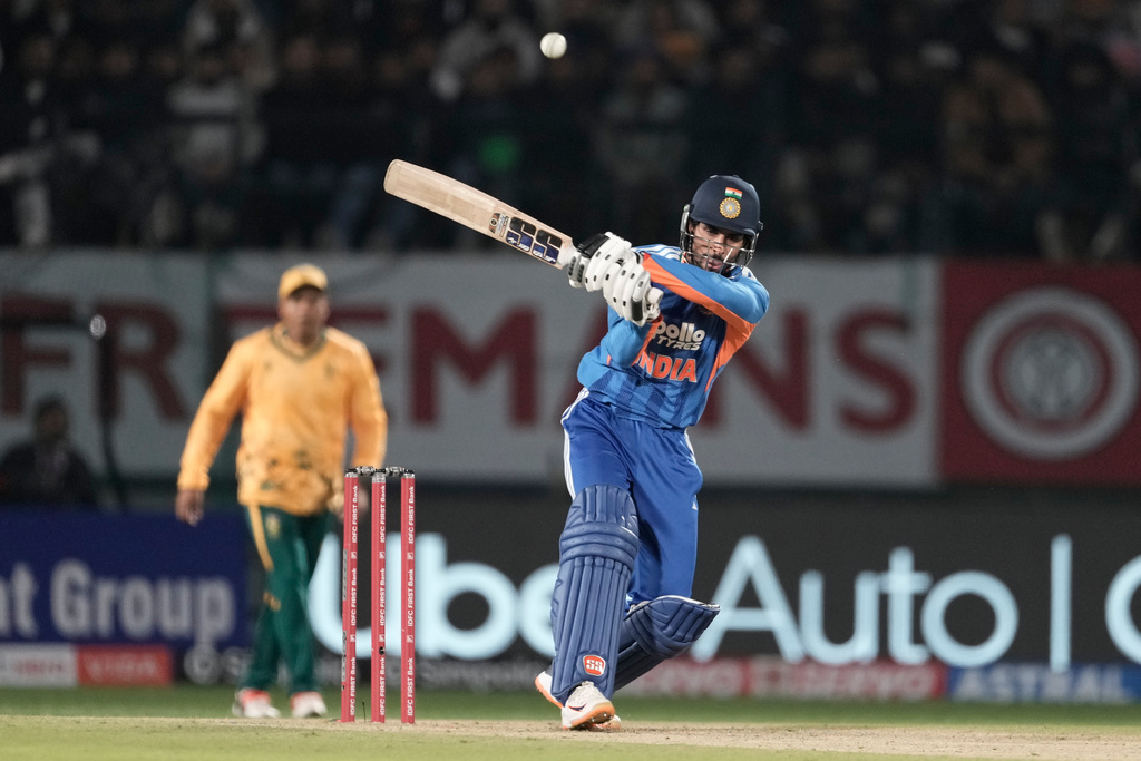 India's Tilak Varma plays a shot during the third T20 cricket match between India and South Africa in Dharamshala, India, Sunday, Dec. 14, 2025. (AP Photo/Ashwini Bhatia)