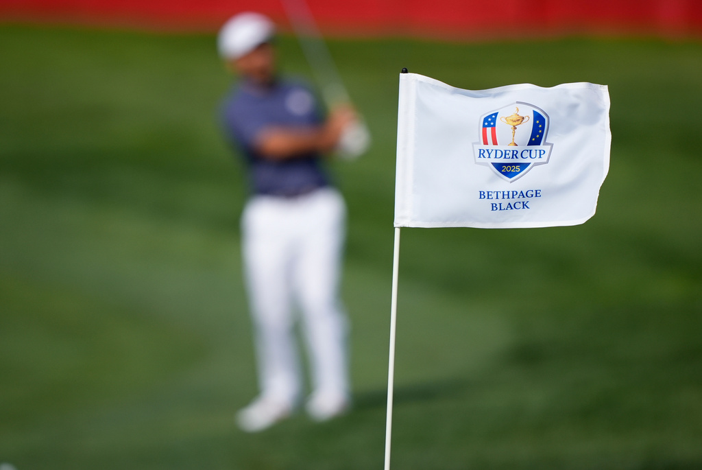 United States' Xander Schauffele chips during practice at the Ryder Cup golf tournament, Tuesday, Sept. 23, 2025, in Farmingdale, N.Y., at Bethpage State Park's Black Course. (AP Photo/Robert Bukaty)