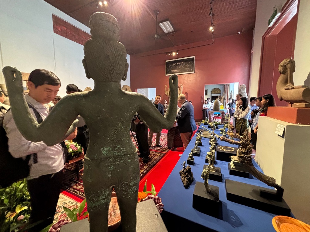 Khmer cultural artifacts that were returned to Cambodia on display at the National Museum, in Phnom Penh, Friday, Feb. 27, 2026. (AP Photo/Sopheng Cheang)