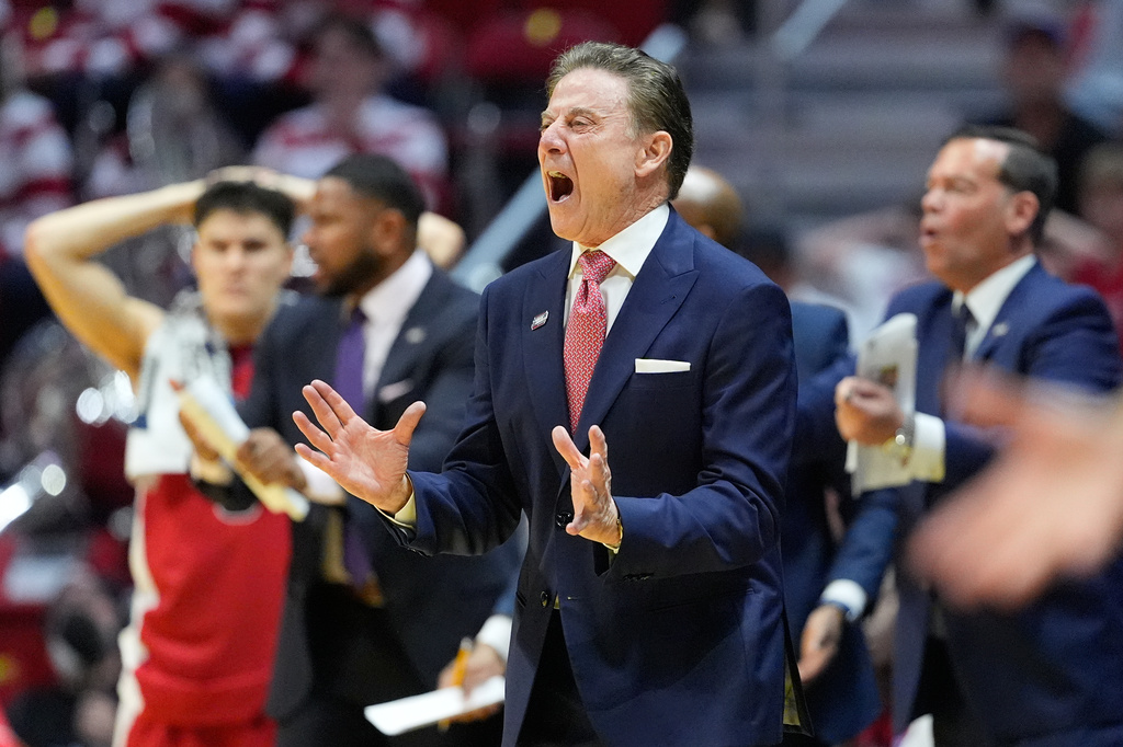 FILE - St. John's head coach Rick Pitino reacts during the second half of a game against Kansas in the second round of the NCAA college basketball tournament Sunday, March 22, 2026, in San Diego. (AP Photo/Mark J. Terrill, File)