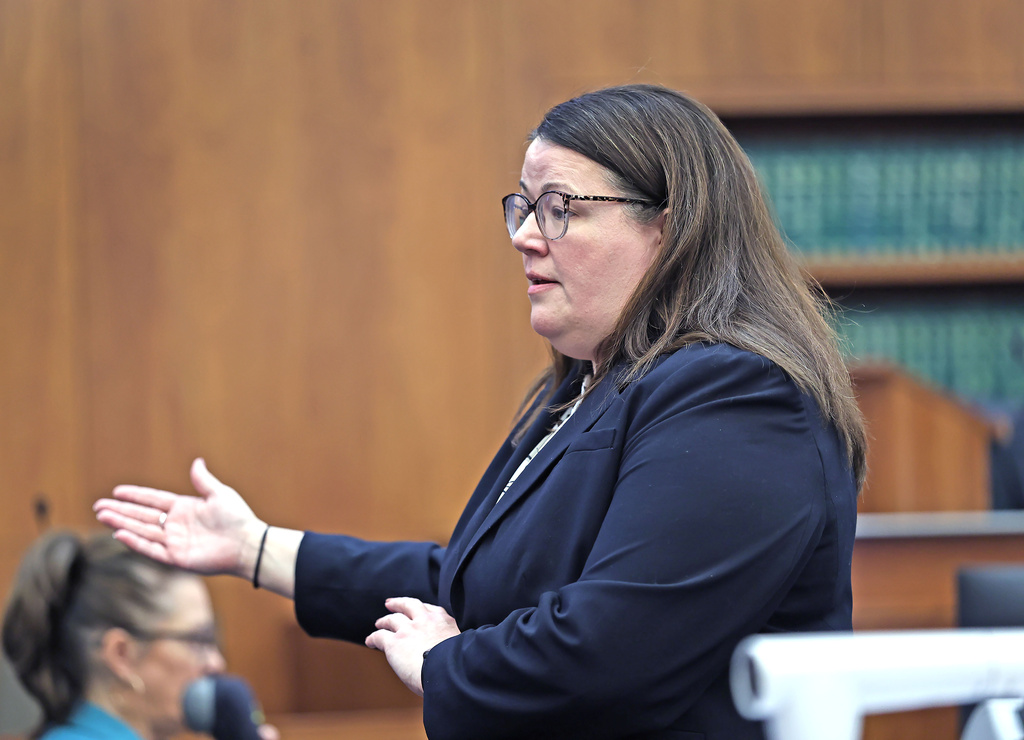 Assistant DA Jennifer Sprague makes her closing arguments for the jury asking them to find Clancy guilty during the Lindsay Clancy murder trial at Plymouth Superior Court in Plymouth, Mass., Thursday, Aug. 27, 2026. (Greg Derr/The Patriot Ledger via AP, Pool)
