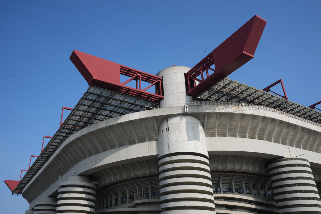 A view of San Siro Stadium, where the Organising Committee for the Olympic and Paralympic Winter Games Milano-Cortina 2026 unveils the concept for the opening ceremony, in Milan, Italy, Thursday, Oct. 16, 2025. (AP Photo/Antonio Calanni)