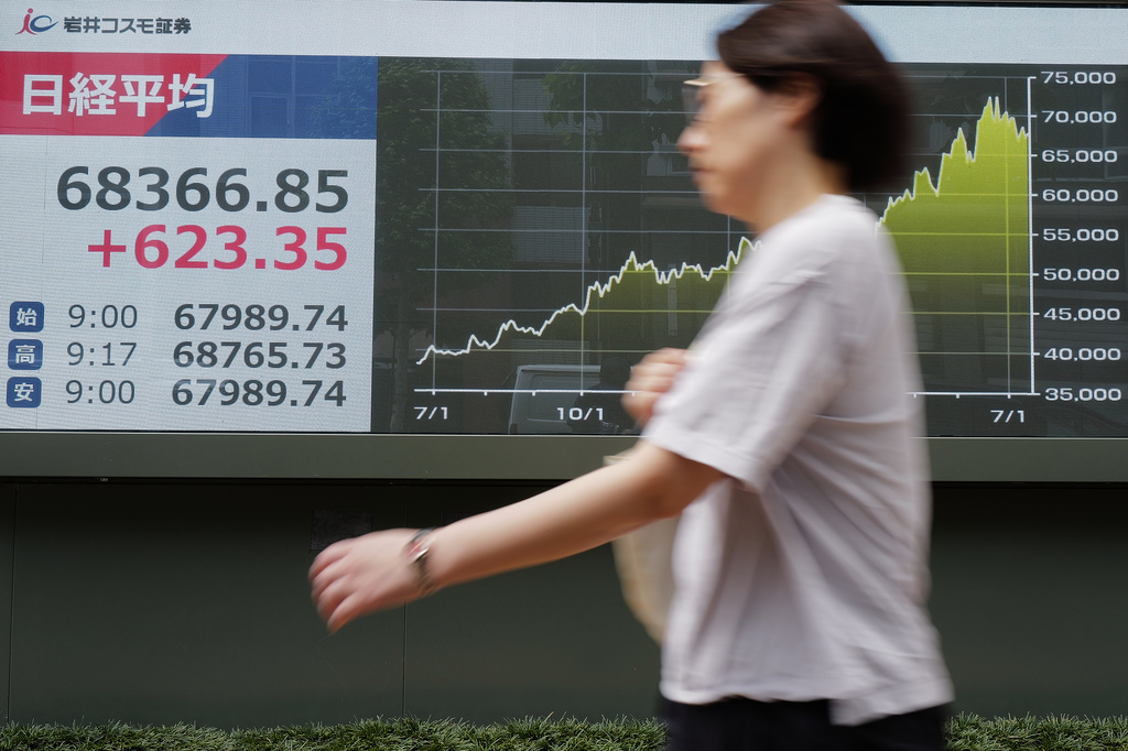 A woman walks in front of an electronic stock board showing Japan's Nikkei 225 index at a securities firm Wednesday, July 15, 2026, in Tokyo. (AP Photo/Eugene Hoshiko)