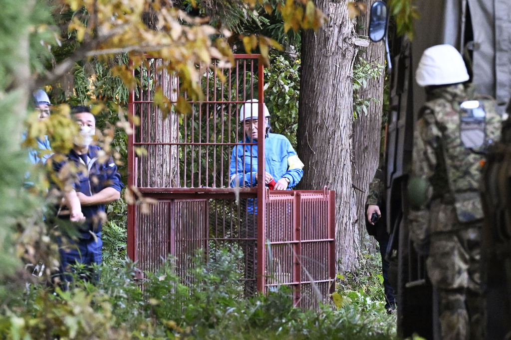 This photo shows a box trap which Japan Ground Self-Defense Force members set up to capture bears in Kazuno, Akita prefecture, northern Japan Wednesday, Nov. 5, 2025. (Muneyoshi Someya/Kyodo News via AP)