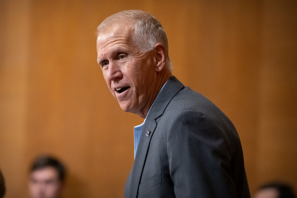 Sen. Thom Tillis, R-N.C., arrives for a hearing of the Senate Finance Committee on Capitol Hill, Thursday, July 30, 2026, in Washington. (AP Photo/Mark Schiefelbein)