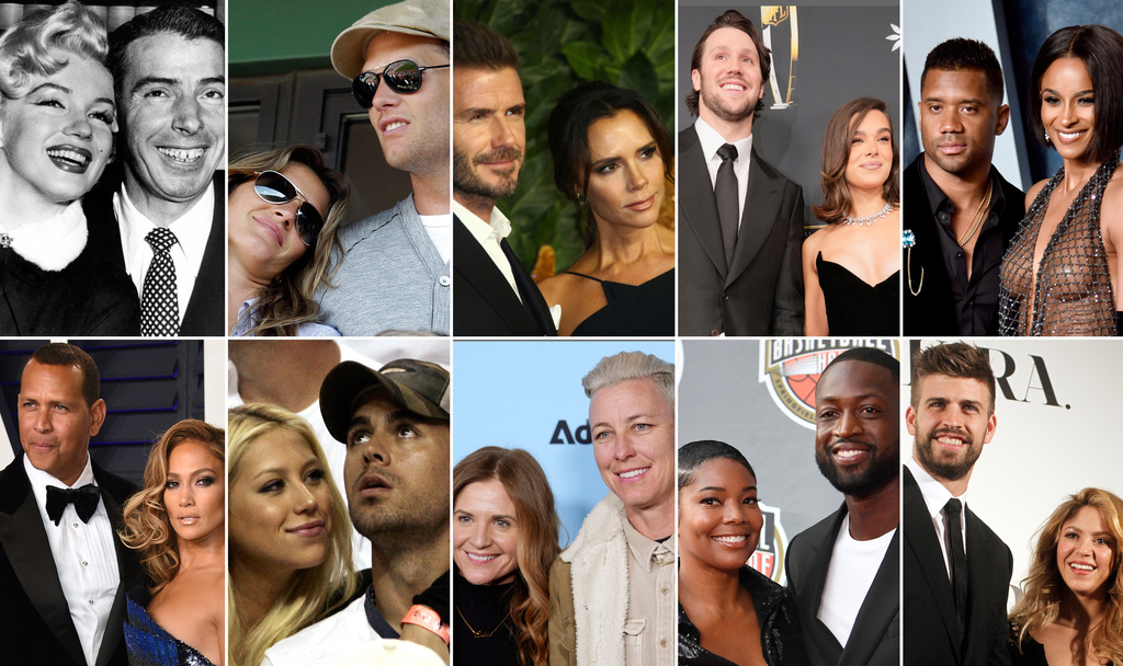 This photo combination shows from top left, Joe DiMaggio with Marilyn Monroe, Jan. 14, 1954, in San Francisco, Giselle Bundchen and Tom Brady, in Boston, April 20, 2012, David Beckham and Victoria Beckham in central London, Dec. 10, 2018, Josh Allen and Hailee Steinfeld, Feb. 6, 2025, in New Orleans, Russell Wilson and Ciara, March 12, 2023 in Beverly Hills, Calif., Alex Rodriguez, and Jennifer Lopez in Beverly Hills, Calif. on Feb. 24, 2019, Anna Kournikova and Enrique Iglesias in Miami, May 8, 2006, Glennon Doyle, and Abby Wambach, Jan. 25, 2025, in Park City, Utah, Gabrielle Union and Dwyane Wade, Sept. 11, 2021, in Springfield, Mass., Shakira and Gerard Pique in Barcelona, Spain, March 20, 2014. (AP Photo/Elise Amendola, Joel C Ryan, Gerald Herbert, Evan Agostini, J.Pat Carter, Chris Pizzello, Jessica Hill, Manu Fernandez)
