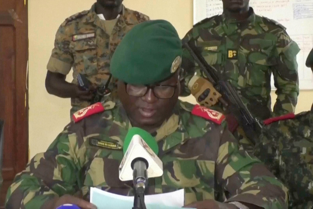 Dinis N’Tchama, military spokesperson, speaks on Wednesday, Nov. 26, 2025 in Bissau, Guinea-Bissau. (TGB Guinea-Bissau via AP)