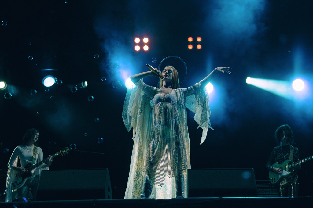 This image released by A24 shows Anne Hathaway in a scene from "Mother Mary." (Eric Zachanowich/A24 via AP)