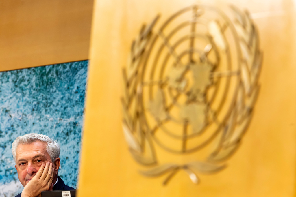 Filippo Grandi, UN High Commissioner for Refugees (UNHCR), attends UNHCR's 76th annual Executive Committee meeting at the European headquarters of the United Nations in Geneva, Switzerland, Monday, Oct. 6, 2025. (Salvatore Di Nolfi/Keystone via AP)