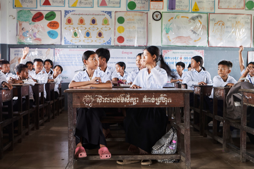 Students in a school in one of the floating villages of Cambodia's Tonle Sap Lake on Monday, June 29, 2026. (AP Photo/Aniruddha Ghosal)