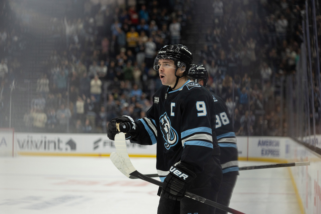 Utah Mammoth center Clayton Keller (9) celebrates after a goal against the Boston Bruins during the second period of an NHL hockey game Sunday, Oct. 19, 2025, in Salt Lake City. (AP Photo/Melissa Majchrzak)