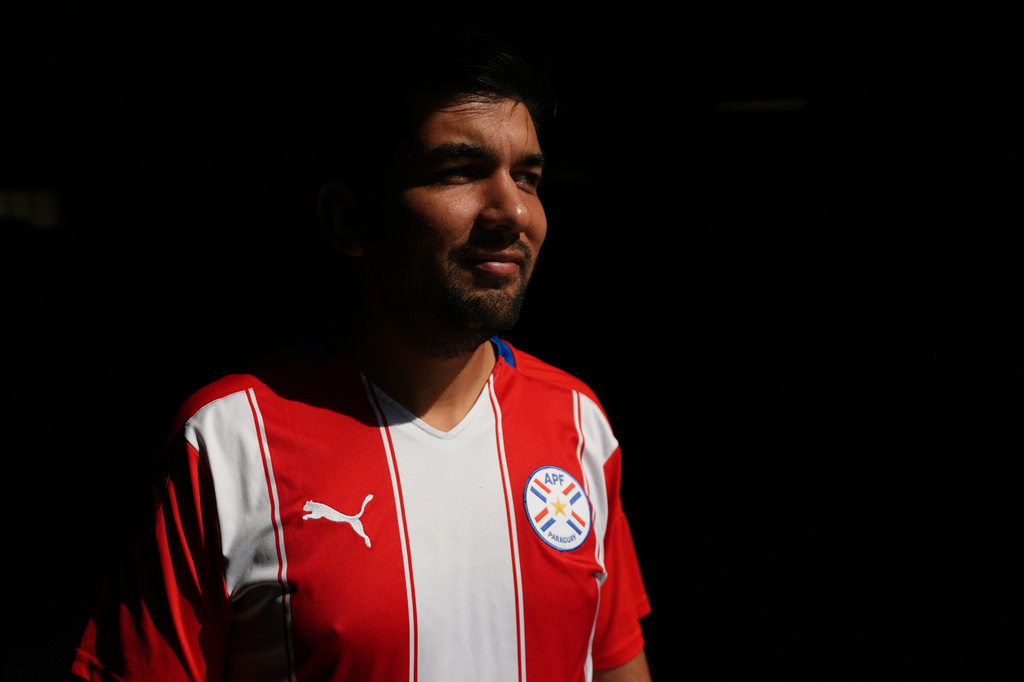 Rodrigo Valdez wears a team Paraguay soccer jersey as he poses for a picture Friday, June 5, 2026, in San Diego. (AP Photo/Gregory Bull)