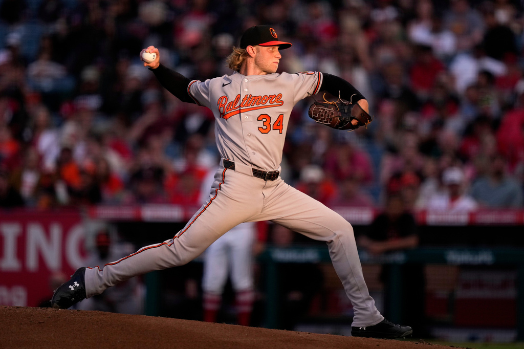 Baltimore Orioles pitcher Shane Baz throws to the plate during the second inning of a baseball game against the Los Angeles Angels, Tuesday, June 23, 2026, in Anaheim, Calif. (AP Photo/Mark J. Terrill)