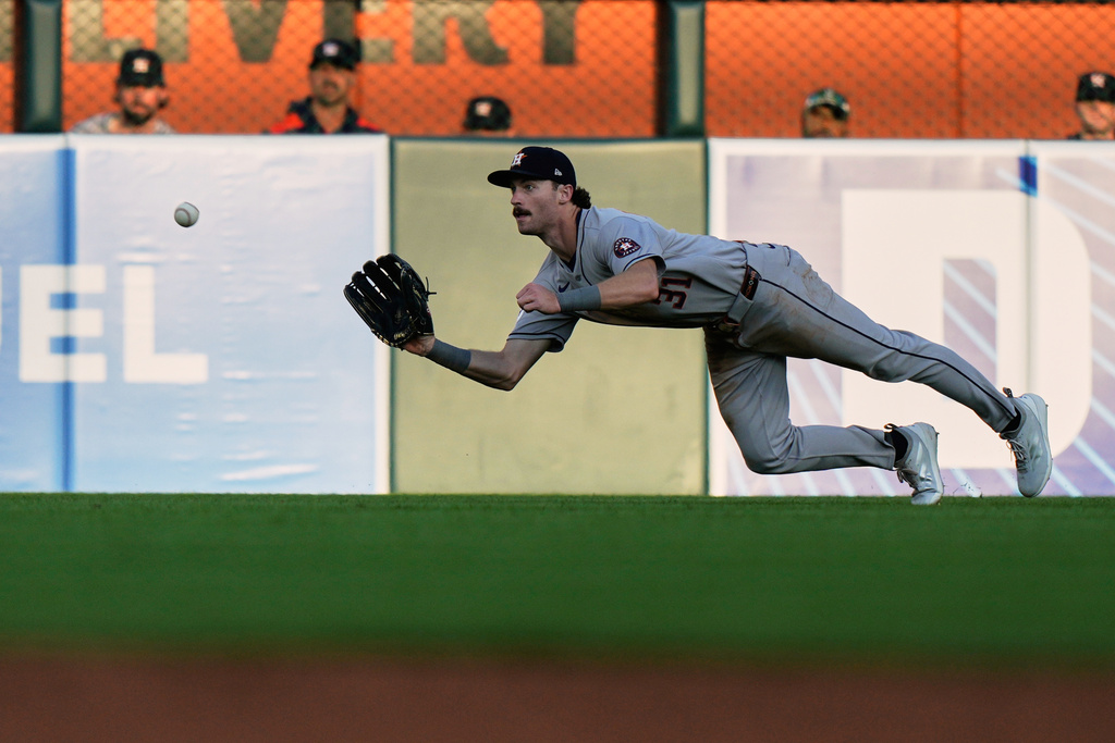 Houston Astros center fielder Jacob Melton catches a line-out by Detroit Tigers designated hitter Riley Greene during the third inning of a baseball game Monday, Aug. 18, 2025, in Detroit. (AP Photo/Ryan Sun)