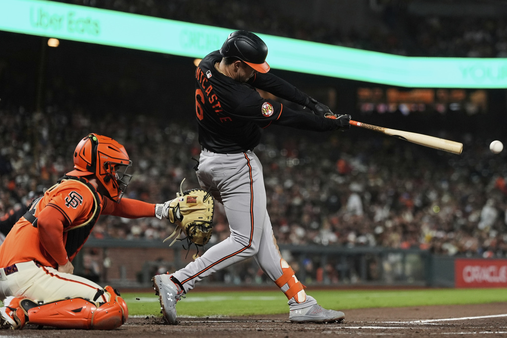 Baltimore Orioles' Ryan Mountcastle hits an RBI double during the third inning of a baseball game against the San Francisco Giants, Friday, Aug. 29, 2025, in San Francisco. (AP Photo/Godofredo A. Vásquez)