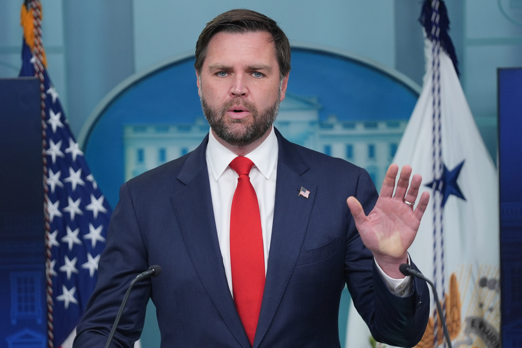 Vice President JD Vance speaking with reporters in the James Brady Press Briefing Room at the White House, Wednesday, Oct. 1, 2025, in Washington. (AP Photo/Evan Vucci)