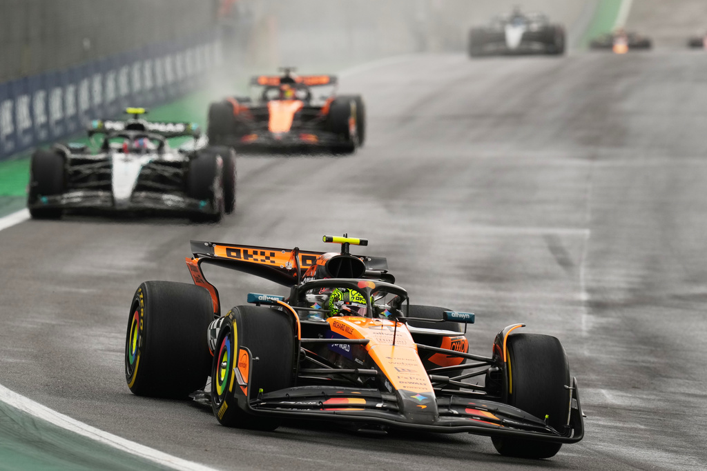 McLaren driver Lando Norris of Britain drives during the sprint race ahead of the Brazilian Formula One Grand Prix auto race at the Interlagos racetrack in Sao Paulo, Saturday, Nov. 8, 2025. (AP Photo/Andre Penner)