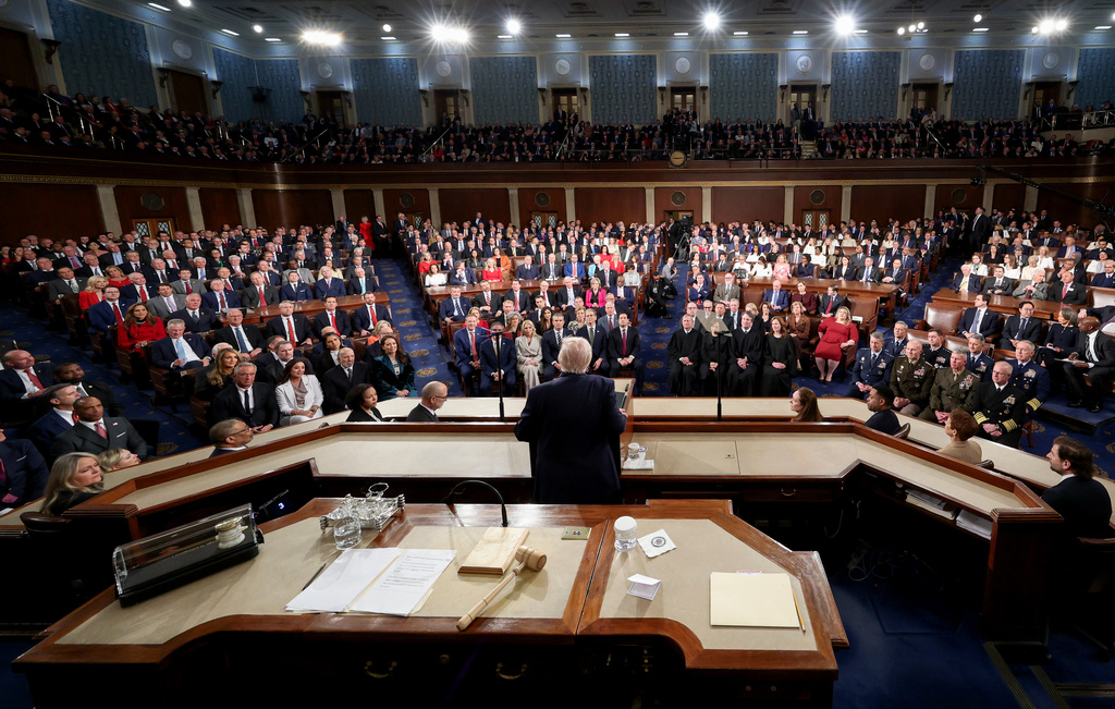 President Donald Trump delivers the State of the Union address to a joint session of Congress in the House chamber at the U.S. Capitol in Washington, Tuesday, Feb. 24, 2026. (Jessica Koscielniak/Pool Photo via AP)