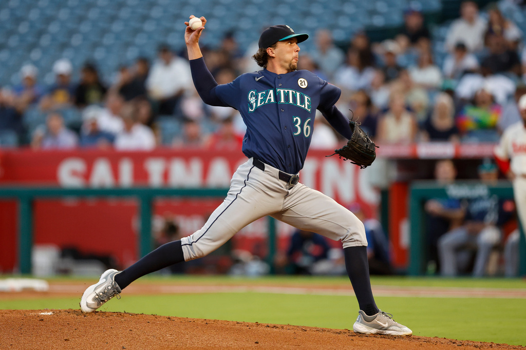 Seattle Mariners starting pitcher Logan Gilbert throws during the first inning of a baseball game against the Los Angeles Angels, Tuesday, Sept. 15, 2026, in Anaheim, Calif. (AP Photo/Caroline Brehman)