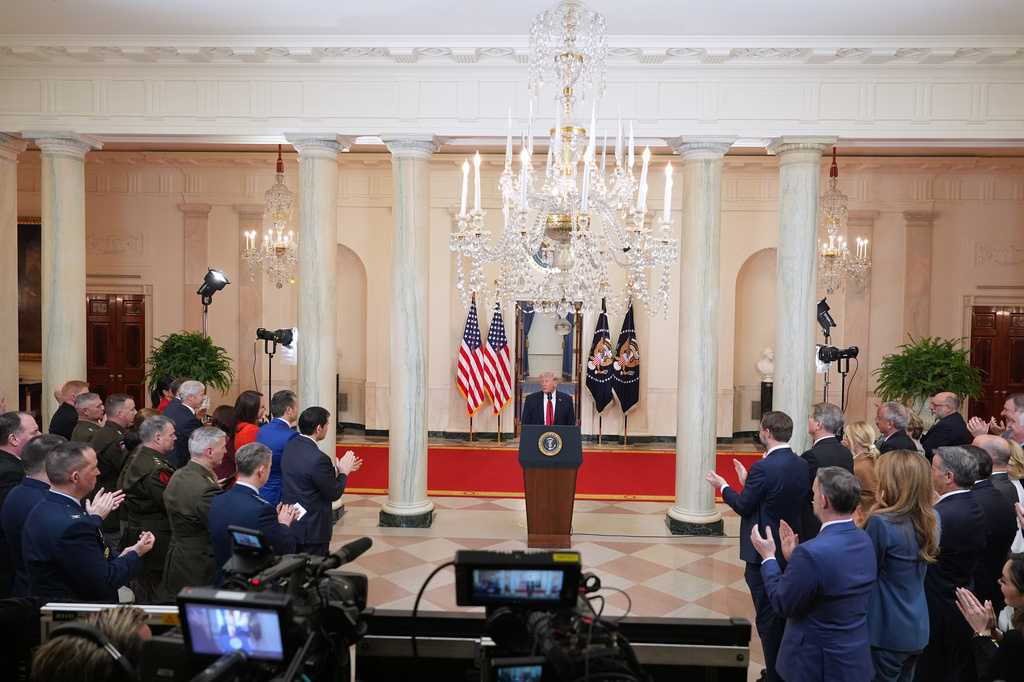 President Donald Trump conclude his speech about the Iran war from the Cross Hall of the White House on Wednesday, April 1, 2026, in Washington. (AP Photo/Alex Brandon, Pool)