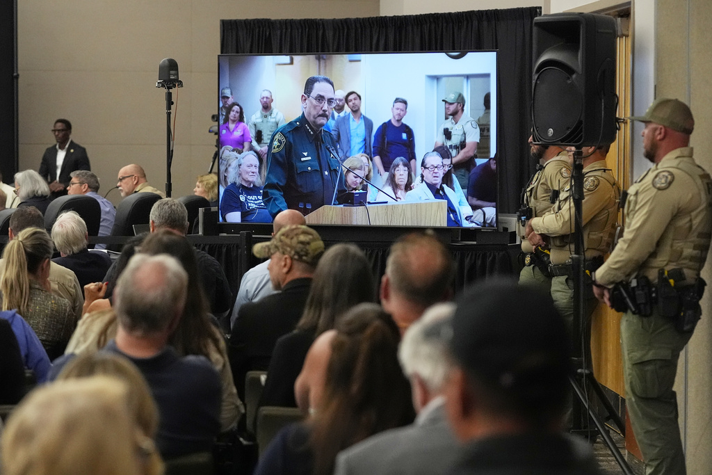 FILE - Marion County sheriff Billy Woods is seen speaking on a monitor during a Florida Fish & Wildlife Commission hearing about proposed bear hunting, May 21, 2025, in Ocala, Fla. (AP Photo/John Raoux, File)