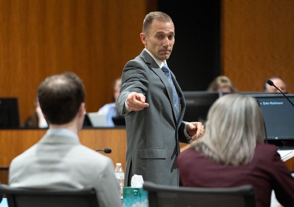 Deputy Utah County Attorney Ryan McBride points to Tyler Robinson as he begins his closing arguments in the preliminary hearing for Robinson, the man accused of fatally shooting Charlie Kirk, at the 4th District Court in Provo on Tuesday, Sept. 1, 2026. (Francisco Kjolseth/The Salt Lake Tribune via AP, Pool)