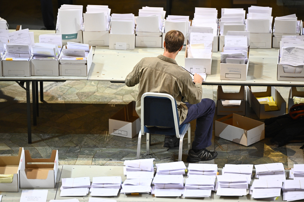 An election worker counts early votes and overseas votes in Stockholm City Hall, in Stockholm, Sweden, Wednesday, Sept. 16, 2026. (Christine Olsson/TT News Agency via AP)