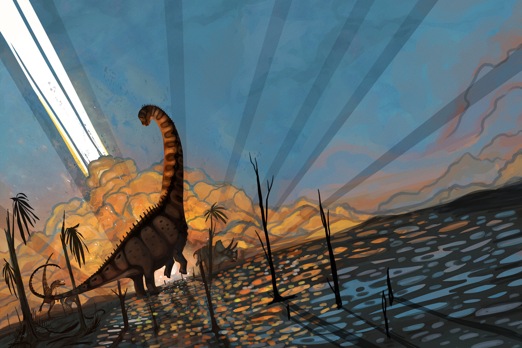 This illustration provided by researchers in October 2025 depicts an Alamosaurus sanjuanensis in southern North America as an asteroid hits the Earth 66 million years ago, causing mass extinction. (Natalia Jagielska/New Mexico State University via AP)