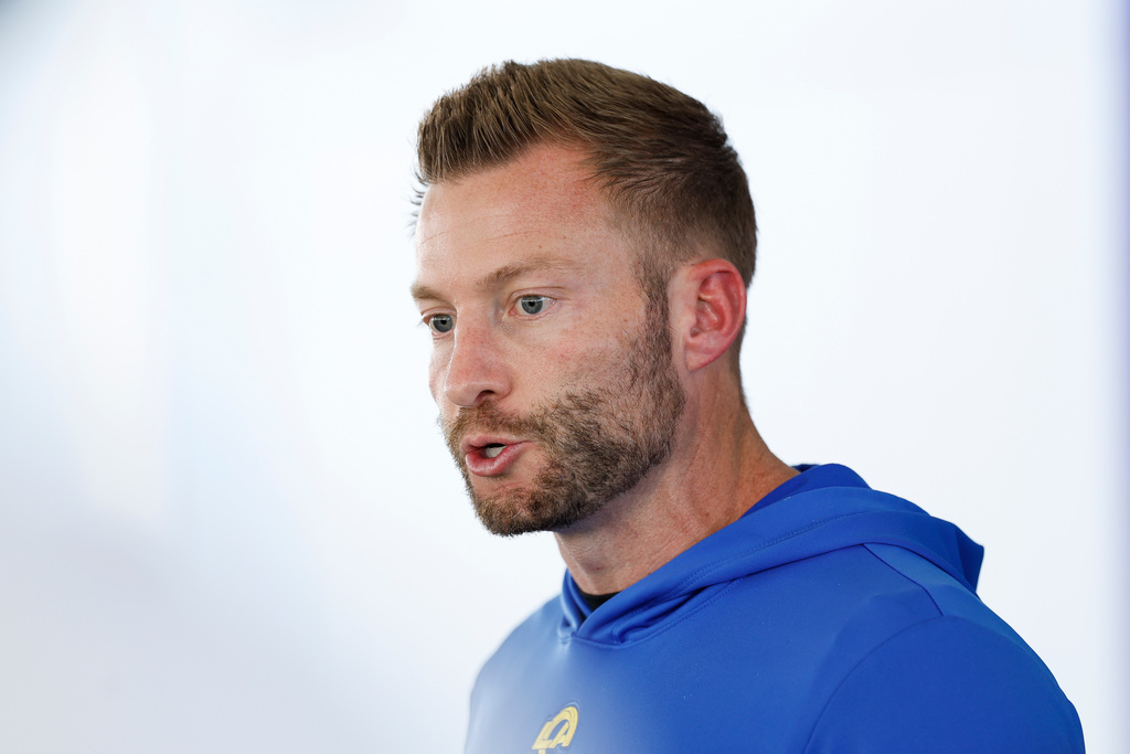 Los Angeles Rams head coach Sean McVay speaks during a news conference at the team's training facility Friday, Jan. 23, 2026, in Los Angeles, ahead of the NFL football NFC Championship game against the Seattle Seahawks. (AP Photo/Caroline Brehman)