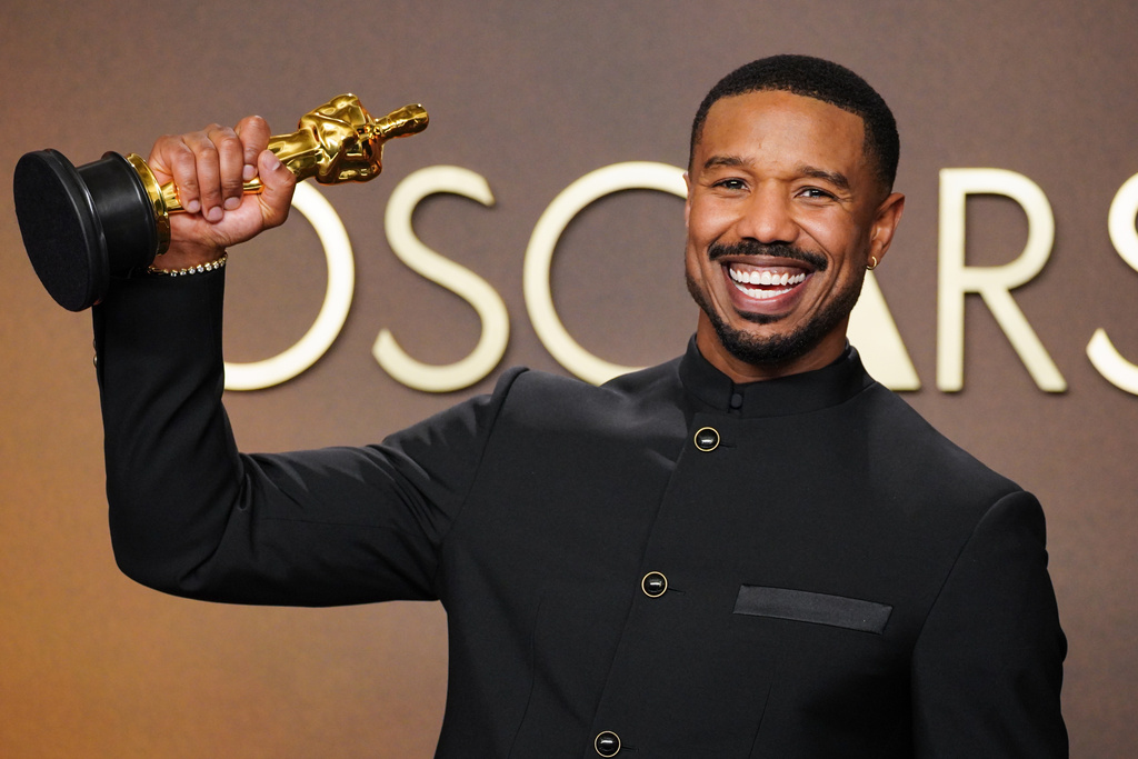 Michael B. Jordan, winner of the award for actor in a leading role for "Sinners," poses in the press room at the Oscars on Sunday, March 15, 2026, at the Dolby Theatre in Los Angeles. (Photo by Jordan Strauss/Invision/AP)