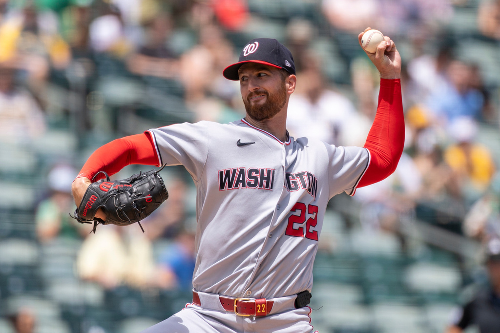 Washington Nationals pitcher Foster Griffin throws to the Athletics during the first inning of a baseball game Sunday, July 19, 2026, in West Sacramento, Calif. (AP Photo/Sara Nevis)