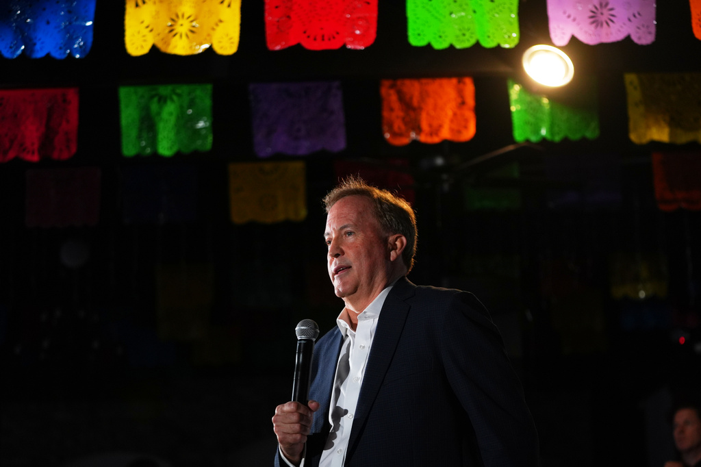 Texas Attorney General Ken Paxton, a Republican candidate for the U.S. Senate, speaks to supporters at a campaign event in McKinney, Texas, Tuesday, May 19, 2026. (AP Photo/LM Otero)