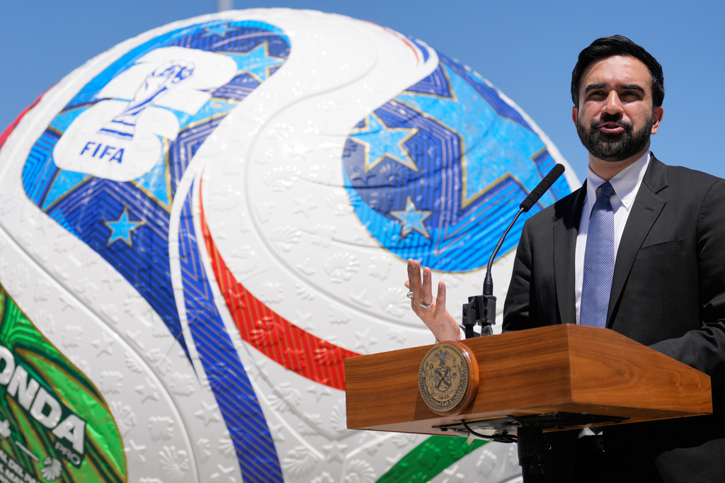 New York City Mayor Zohran Mamdani speaks in front of a large soccer ball during a news conference in the Staten Island borough of New York, Monday, April 27, 2026. (AP Photo/Seth Wenig)